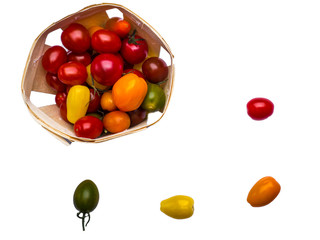 Fresh colorful cherry tomatoes on white background, raw food and vegetable concept
