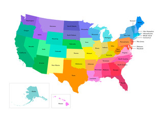 Vector isolated illustration of simplified administrative map of USA (United States of America). Borders and names of the states. Multi colored silhouettes