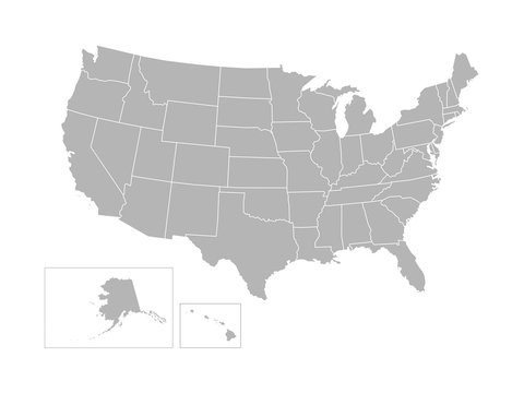 Vector isolated illustration of simplified administrative map of USA (United States of America). Borders of the states (regions). Grey silhouettes. White outline