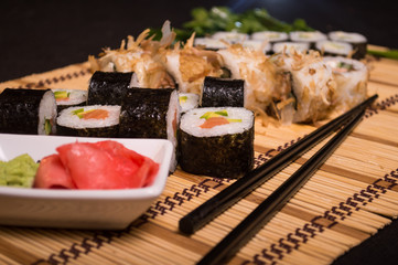 Sushi and rolls, Japanese food, culinary delicacies, chopsticks 4
