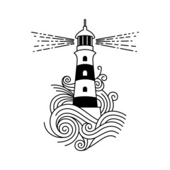 Red and white lighthouse among the waves of the sea. Vector image of a lighthouse.