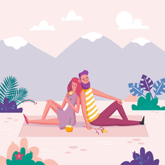 Fototapeta premium Couple in love on a picnic in the park. Lovely young girl and man holding flower. Design for romantic card illustration.