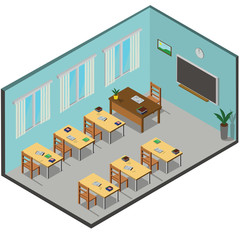 Isometric 3D vector illustration Interior class in school with students 
