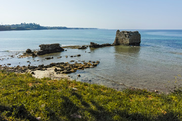 Ruins of ancient fortification at the sea in town of Nea Poteidaia, Kassandra, Chalkidiki, Central Macedonia, Greece