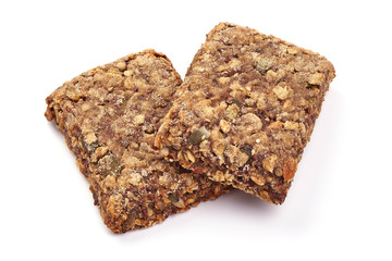 Wholegrain rye bread slices, Healthy nutrition, close-up, isolated on white background