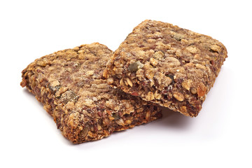 Wholegrain crispy bread slices, Healthy nutrition, close-up, isolated on white background