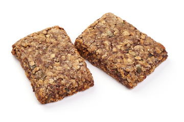 Wholegrain rye bread slices, Healthy nutrition, close-up, isolated on white background