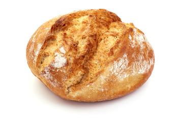 Freshly baked round homemade bread, Healthy nutrition, close-up, isolated on white background