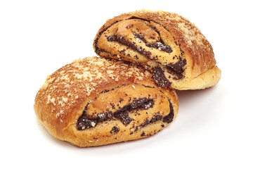 Homemade roll with poppy seeds, close-up, isolated on white background