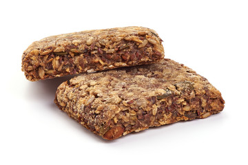 Wholegrain crispy bread slices, Healthy nutrition, close-up, isolated on white background