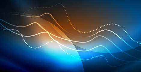 Glowing abstract wave on dark, shiny motion, magic space light. Vector techno abstract background