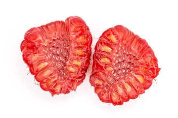 Group of two halves of fresh red raspberry cross section flatlay isolated on white background