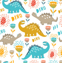 Seamless patterns of colored dinosaurs. Dinosaurs are walking on the meadow with flowers. For the design of children's clothes, fabrics, cards and books, for comics