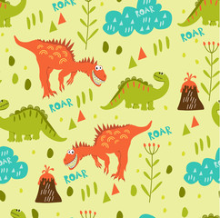 Seamless dinosaur pattern. Green and orange dinosaur walk in a clearing near the volcanoes. For registration of children's clothes, fabrics, cards, books. Style of comics and cartoons