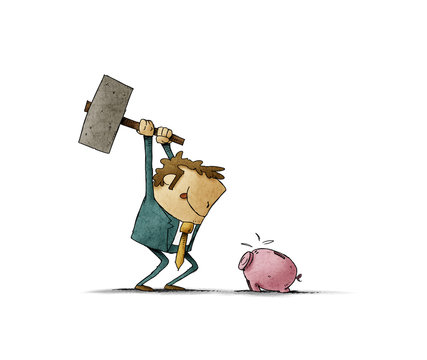 Businessman With A Hammer In His Hand Is Going To Break A Piggy Bank And Take Out The Savings.