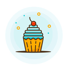 Bright cupcake with cherry logo in the style of flat. Vector illustration for banner, flyer or print. For baby shower, birthday or party invitation and so bakery shop or cafe.
