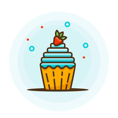 Bright cupcake with strawberry logo in the style of flat. Vector illustration for banner, flyer or print. For baby shower, birthday or party invitation and so bakery shop or cafe.