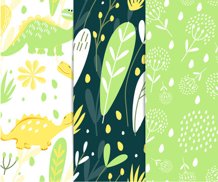 Seamless patterns of colored dinosaurs. Lemon and lime. Dinosaurs are walking on the meadow with flowers. For the design of children's clothes, fabrics, cards and books, for comics