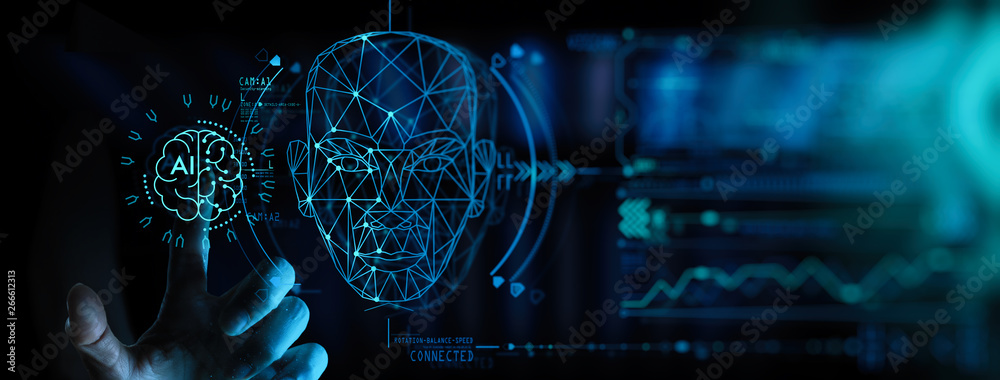 Poster business hand using digital artificial intelligence interface new modern computer.