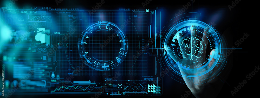 Poster business hand using digital artificial intelligence interface new modern computer.