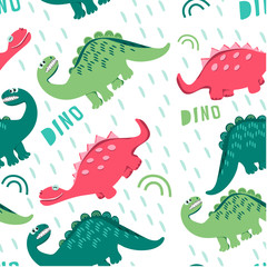 Seamless pattern of colored dinosaurs. Dinosaurs walking in a clearing. For the design of children's clothes, fabrics, cards and books, for comics