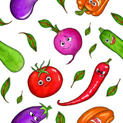 Seamless colorful pattern with funny vegetables. Hand drawn watercolor