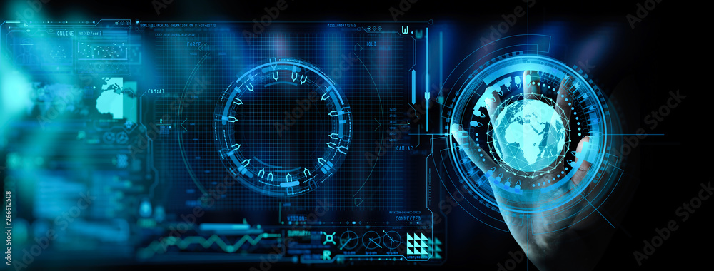 Poster Hand working with the earth with network line with point on the star and world modern UI with Internet Network concept.