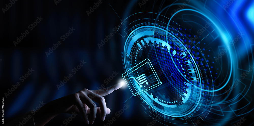 Poster Hand pushing virtual symbol of online shopping with modern UI computer and smart phone.