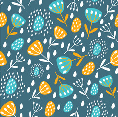 Seamless pattern with leaves and flowers. Botanical illustration. Tropical background with exotic plants. Fabric design, Wallpaper, textiles, books, printing, magazine