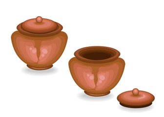 Cookware. Clay pot covered with a lid and with an open lid. Need for an au pair in the kitchen for cooking. Vector illustration