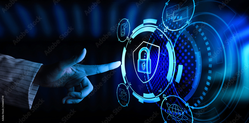 Poster Data protection Cyber Security Privacy Business with Woman hand pointing with UI.Internet Technology Concept.