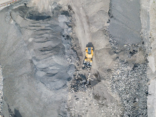 Aerial view of wheel loader in quarry