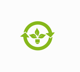 Flat vector lamp icon - ecosystem, saving electricity. Leaves and lamp - flat logo layout. Vector ecamp button and green arrows