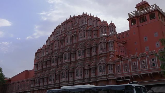 Extreme wide shot of the triangular front section and tower to the right of the Hawa Mahal palace in Jaipur, India