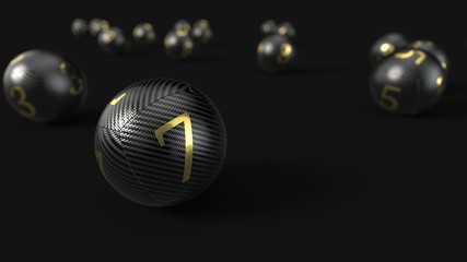 Carbon fiber lottery balls with golden numbers. 3d illustration