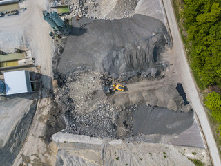 Aerial view of wheel loader in quarry