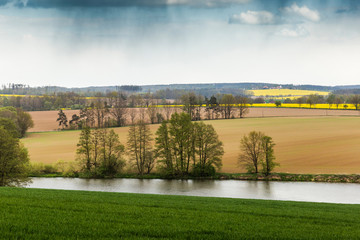 Naklejka premium Springtime countryside with green pasture and sky with clouds