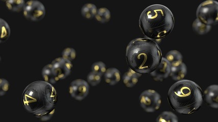 Carbon fiber lottery balls with golden numbers. 3d illustration