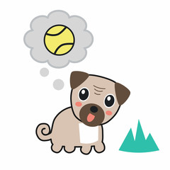 Cute pug with tennis ball cartoon