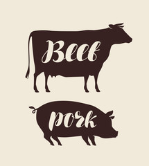 Farm animals. Butcher shop, fresh meat vector illustration