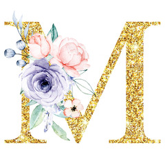 Floral alphabet, letter M with watercolor flowers and leaf. Gold glitter monogram initials perfectly for wedding invitation, greeting card, logo and other. Holiday design hand drawn.