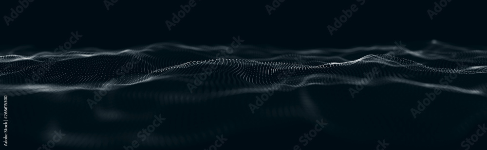 Fototapete Musical wave of particles. Sound structural connections. Abstract background with a wave of luminous particles. Wave 3d