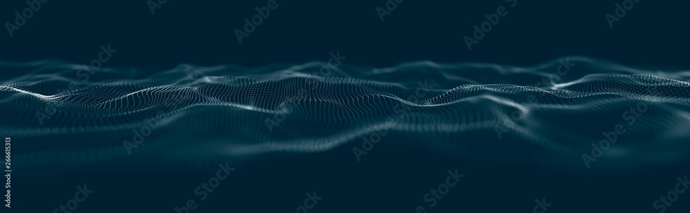 Poster Musical wave of particles. Sound structural connections. Abstract background with a wave of luminous particles. Wave 3d