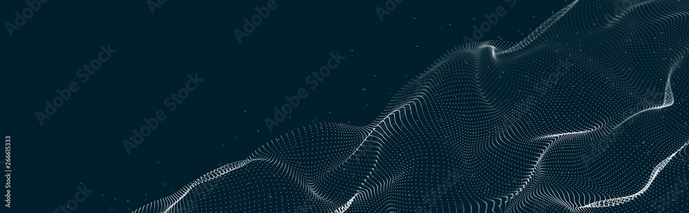 Poster Musical wave of particles. Sound structural connections. Abstract background with a wave of luminous particles. Wave 3d