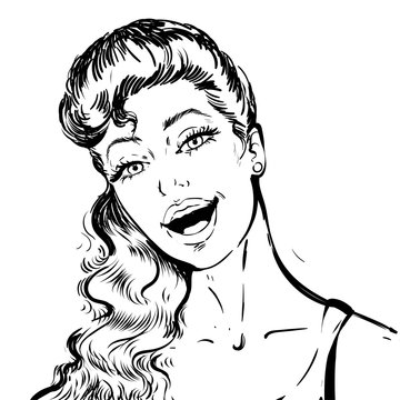 Portrait of a beautiful young woman with open mouth talking . Black and white sketch portrait