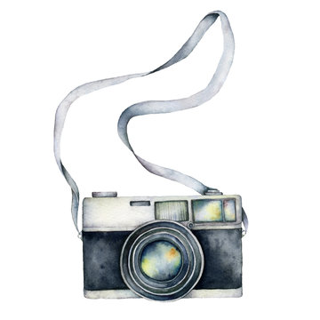 Watercolor camera card. Hand painted photographic equipment illustration isolated on white background. For design, prints or background.