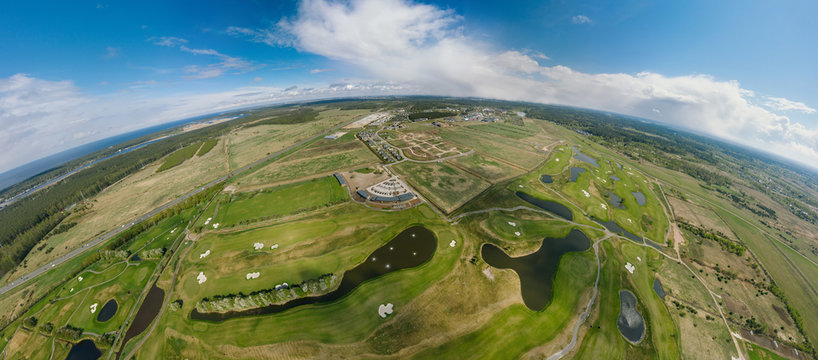 Summer Lake and roads in Riga city and Latvia nature 360 VR Drone picture for Virtual reality, Panorama