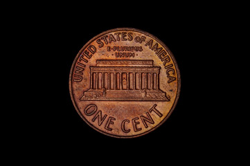 One cent coin of United States of America USa isolated on the dark background