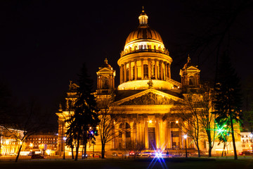 St. Isaac's Cathedral with night lighting in St. Petersburg in Russia