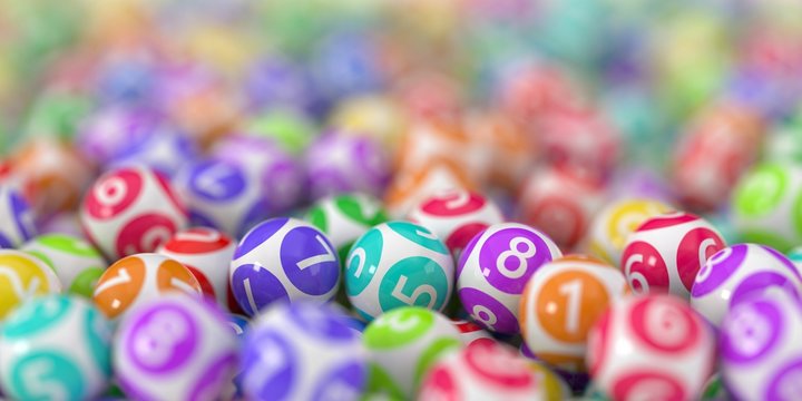 white loottery balls with colored circle and white numbers. 3d illustration